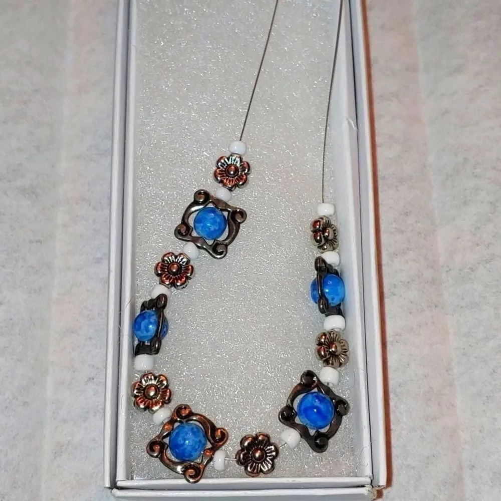 Handmade Necklace Blue Round Glass beads in Metal square frame